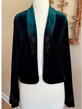 Jacket / Cardigan - Vintage - Emerald Green Velvet - Western Scrolling - Beading